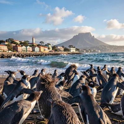 Cape Town southeaster wind shaping the scene, Simonstown penguin colony with win