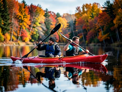 Couple tandem kayaking on glassy lake surrounded by autumn foliage