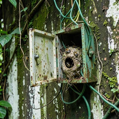 Tropical weathered surfaces, humid atmosphere, Old electrical box with door hang