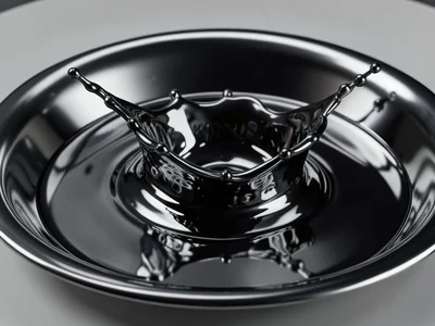 Dark gunmetal liquid metal pooled in shallow basin, nearly black chrome with sub
