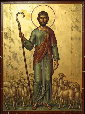 Shepherd with crook standing amid a flock, elongated formal pose