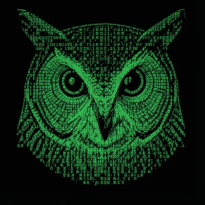 A barn owl face in terminal green ASCII characters, its facial disk formed by co