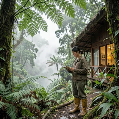 Cloud forest mist layers in Costa Rica, A biologist in rubber boots taking notes