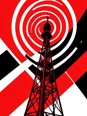 Radio tower rising diagonally, signal arcs radiating outward as bold lines