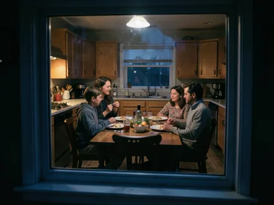 Kitchen at night through a window, family dinner frozen mid-motion, warm interio
