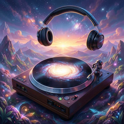 DJ turntable where record is a spiral galaxy, headphones floating, cosmic