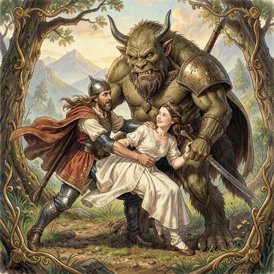 A knight rescuing a maiden from ogre