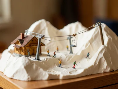 A tabletop alpine scene: a chalet, a chairlift from wire and beads, tiny skiers,