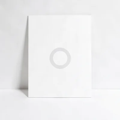White-on-white still of a single brand board with a soft circular logo silhouett