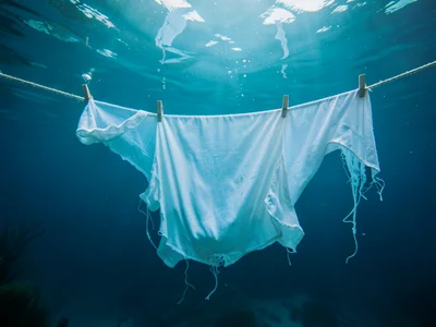 Laundry hanging on clothesline underwater, fabric billowing like jellyfish