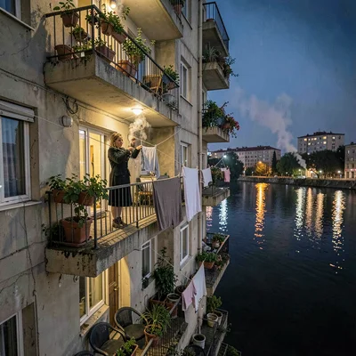 Belgrade brutalist night and Danube reflections, Woman hanging laundry on balcon