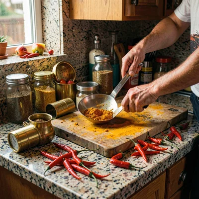 Densely layered composition, rich saturated colors, Kitchen counter mid-cooking 