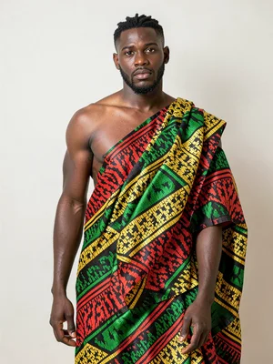 Man's kente toga draped over one shoulder — pattern visible against plain backgr