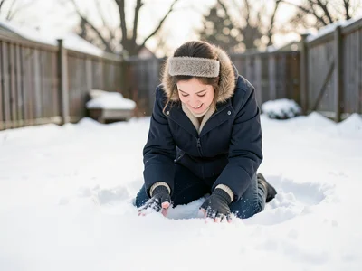 Person making snow angel in backyard, fresh powder, winter joy