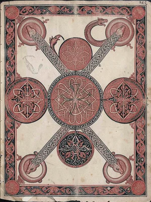 Cross-carpet page — knotwork roundels at four arms and center, iron gall red and