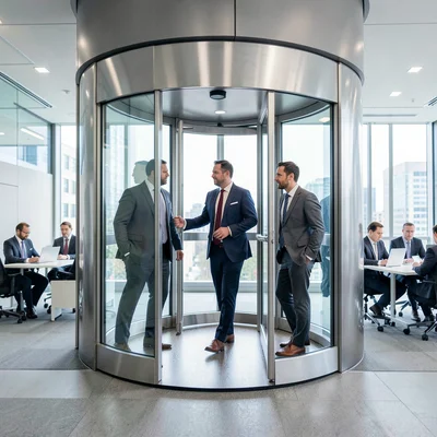 Revolving door with three people passing through, business meetings becoming abs
