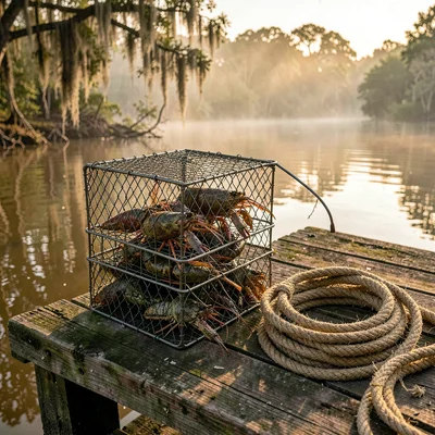 Atmospheric photograph with Louisiana bayou sensibility, Stack of wire crawfish 