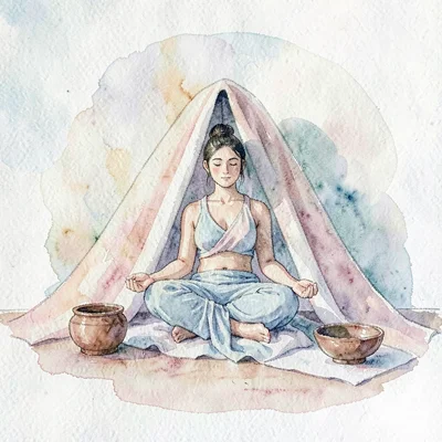 atmospheric watercolor of a meditator reclined under a soft blanket with bowls b