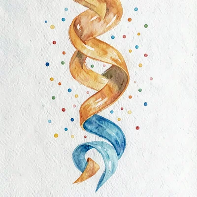 Vertical gouache of a ribbon descending in elegant curls