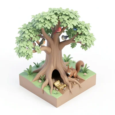 A cross-section of a tree: birds nesting in branches, squirrel in a hollow, root