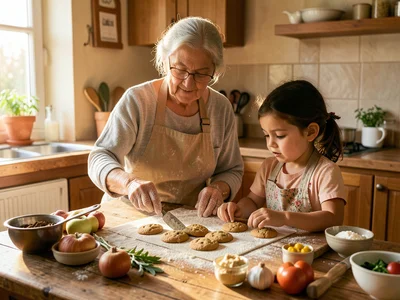 Grandmother and child baking cookies, flour-dusted apron, warm kitchen, afternoo