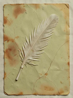 Bird feather flattened to paper-thinness with barbs splayed and the calamus poin