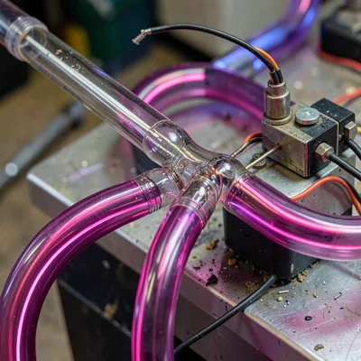 Close-up of a finished neon splice — two tubes joined at a blown junction