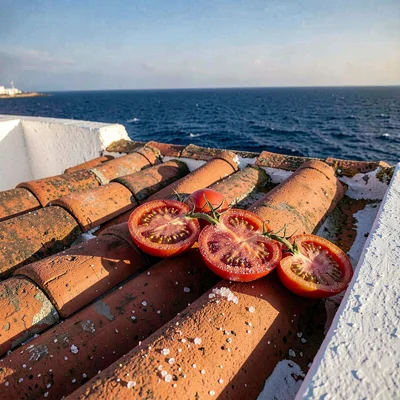 Mediterranean summer photograph, August dry heat, Tomatoes drying on a roof, spl