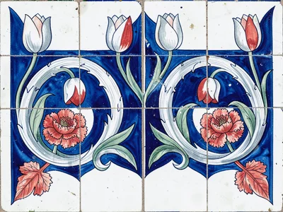 Border frieze detail — rolling wave of tulip buds and leaves, white on cobalt