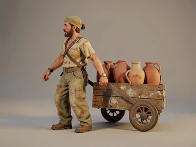 Profile of a water-finder pulling a wooden cart laden with sealed clay jugs, lea