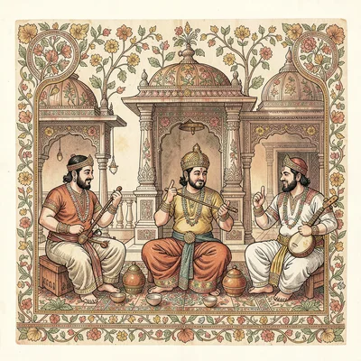 Kalamkari pen illustration, temple musicians with traditional instruments , hand