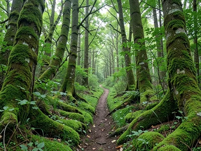 Moss path through forest showing foot traffic