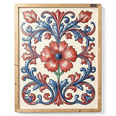 Scandinavian rosemaling illustration, scrolling leaves surrounding a central flo