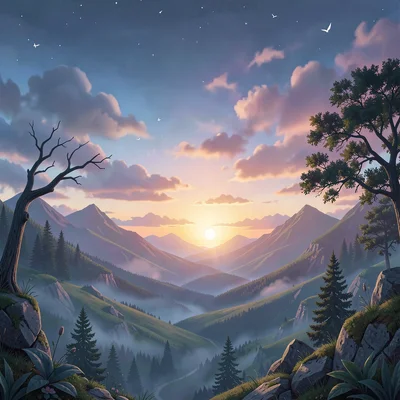 Neural network style illustration, landscape merging day and night , diffusion m