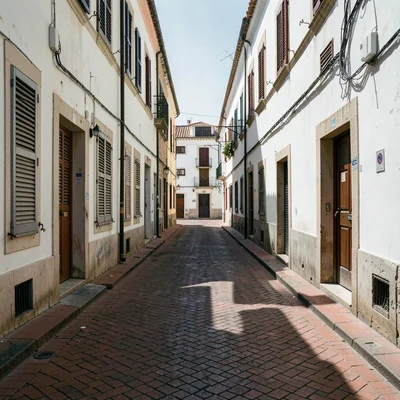 Siesta stillness, afternoon heat weight, A narrow street with no one walking, sh