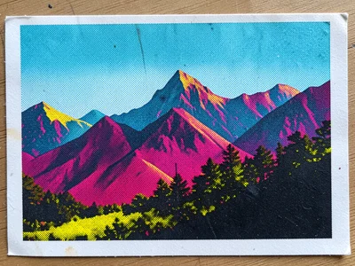 Three-color screenprint of mountain landscape on chipboard, coarse halftone maki