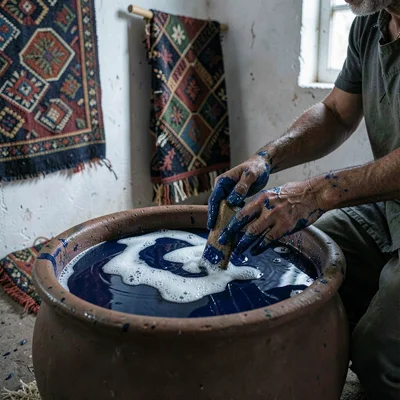 Documentary photograph with Guatemalan highland aesthetic, Hands working indigo 