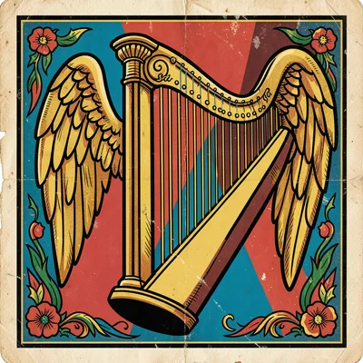 Mexican lotería card illustration, a harp with golden strings and angel wings , 