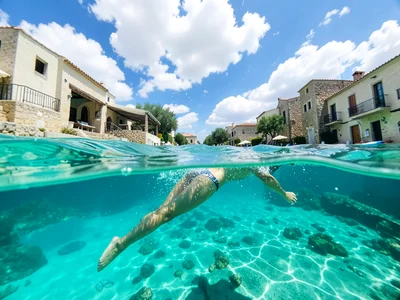 Person swimming near the surface, legs visible below, bright sky and clouds abov