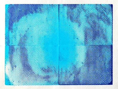 Cyan plate only, halftone dots of single ink creating monochrome blue image thro