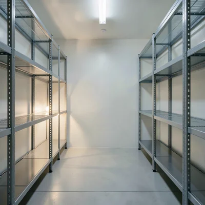 clean cold storage interior with steel shelving and frosted air