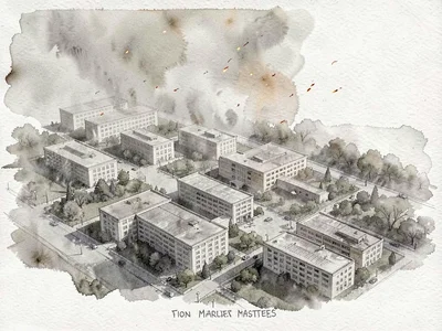 Painterly aerial perspective of a campus masterplan rendered in atmospheric ink