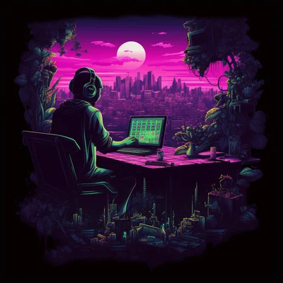 Black T-shirt print WFH setup viewed higher angle dis