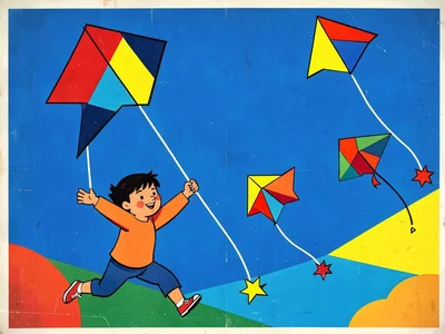 Children flying geometric kites