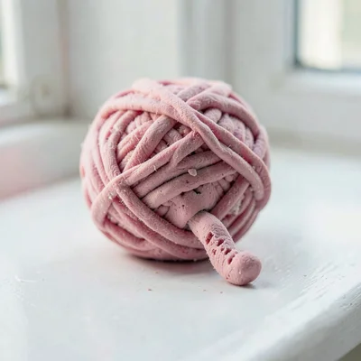 Unwound dusty-rose ball of yarn with thumb-pressed loops and fingernail dents at