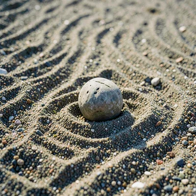 One stone in raked gravel, ripples extending to frame edge, action frozen eterna