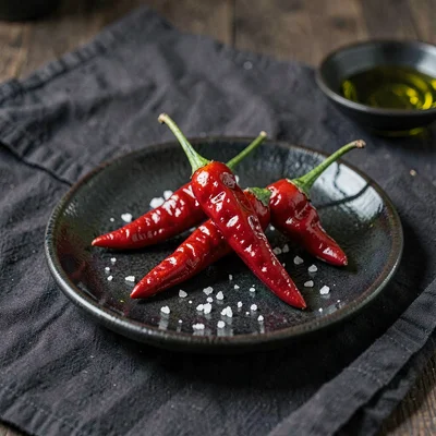 Small dark glaze plate of three blistered Padrón peppers on dark linen with a sp