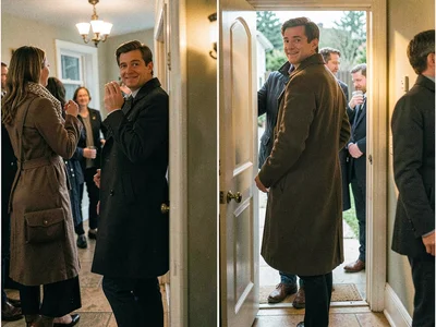 The Irish goodbye in progress, slipping out back door of house party, looking ba