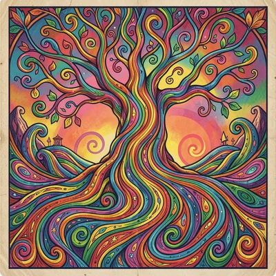 Psychedelic poster illustration, a tree with branches becoming flowing rivers , 