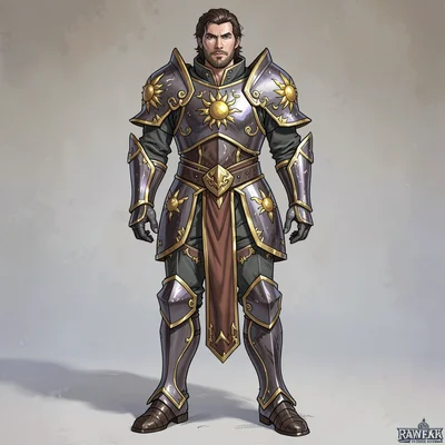 Fantasy armor illustration, a paladin's ceremonial armor with sun motifs and gol